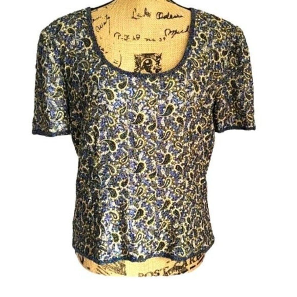 Vintage 90s Adrianna Papell Heavily Beaded Maximallist Silk Top